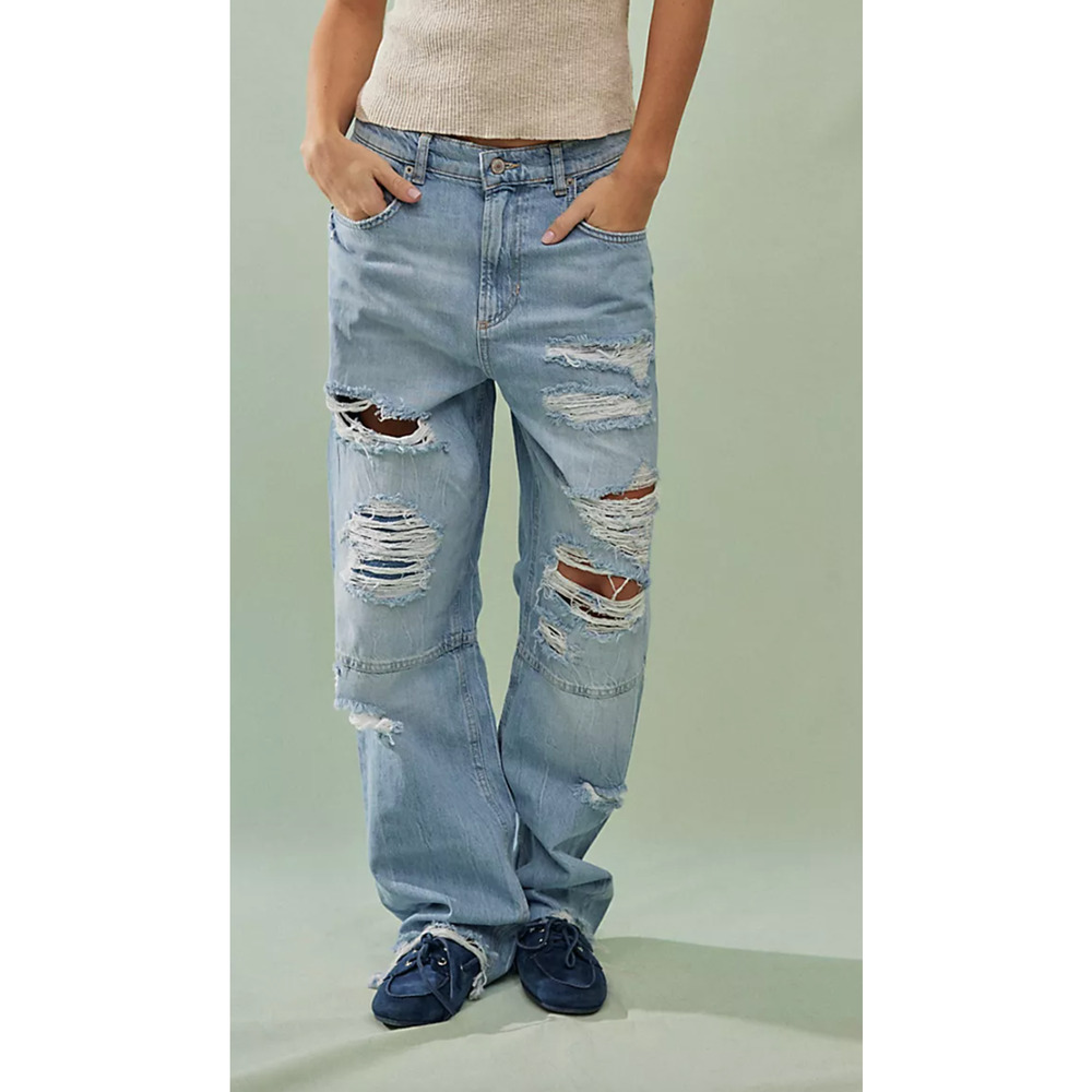 FREE PEOPLE WE THE FREE DISTRESSED CRVY LESSON LEARNED STRAIGHT LEG JEANS 34S 34